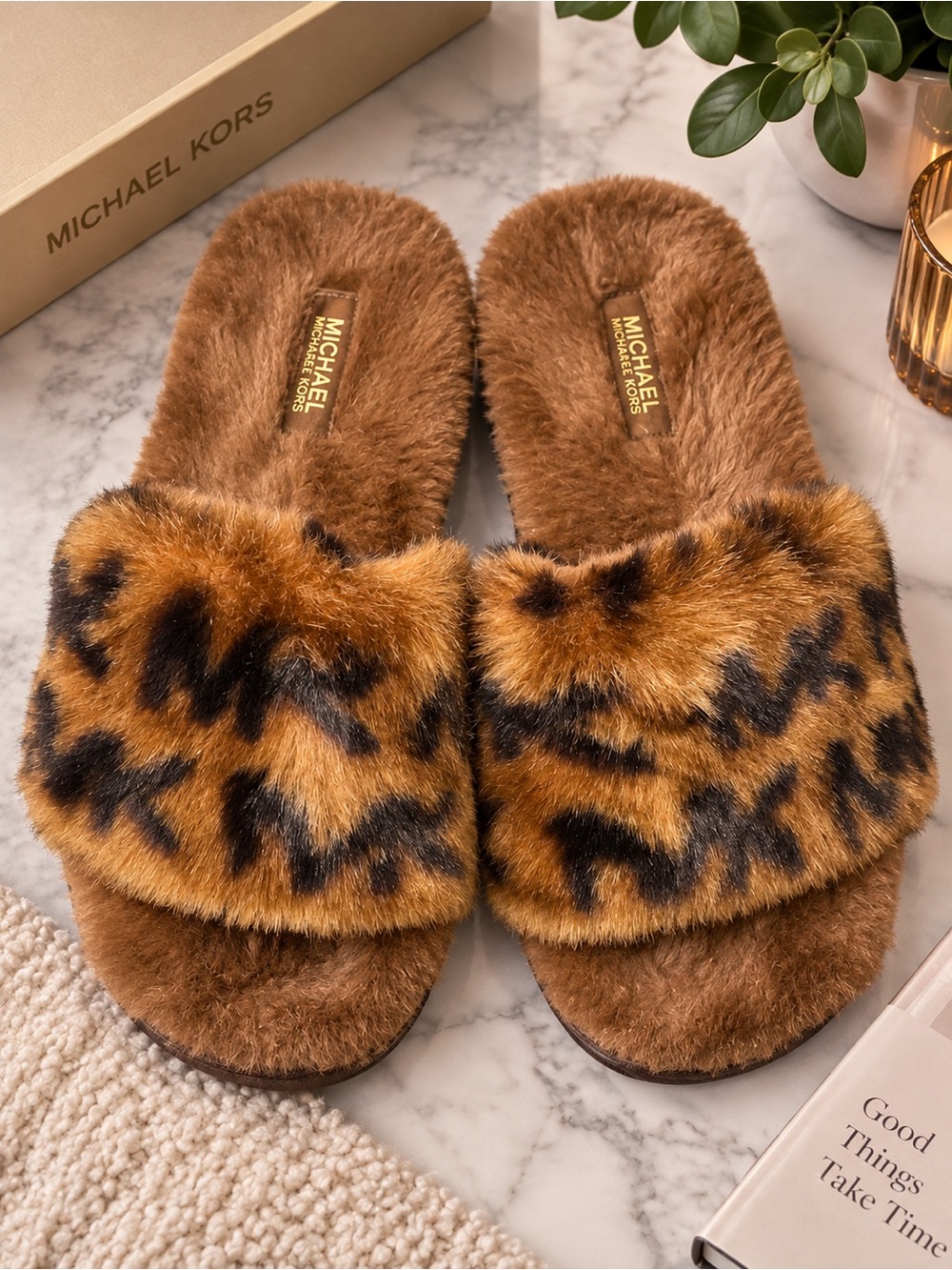 Michael Kors Leopard Faux Fur Slide - Brown and Black